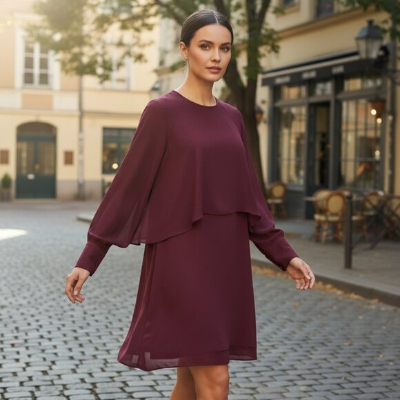 Who What Wear Dresses & Skirts - WHO WHAT WEAR WWW Burgundy Chiffon Caplet Dress L Cape Long Sleeve MODEST